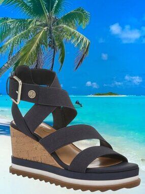 Unisa Souler Cork Wedge Heel Sandals Navy Blue Womens 7.5 M Strappy Platform